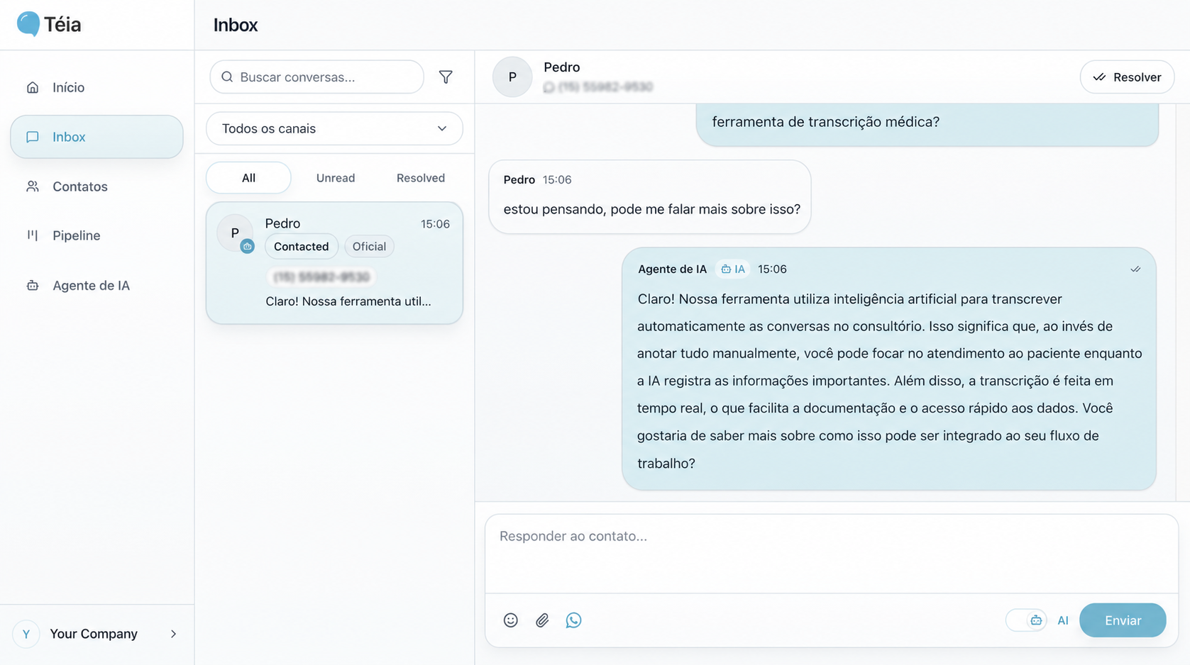 Inbox da Téia com uma conversa de WhatsApp respondida pelo agente de IA